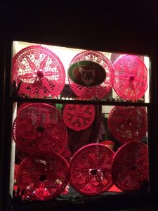 Red crochet window display at the CWA