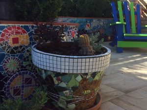 The finished mosaic wall with mosaic cat pot