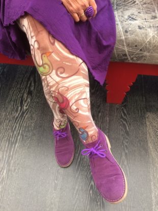 Purple suede desert boots with handpainted bird stockings - shoes